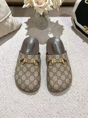 Gucci Beige and Brown Monogram Mules